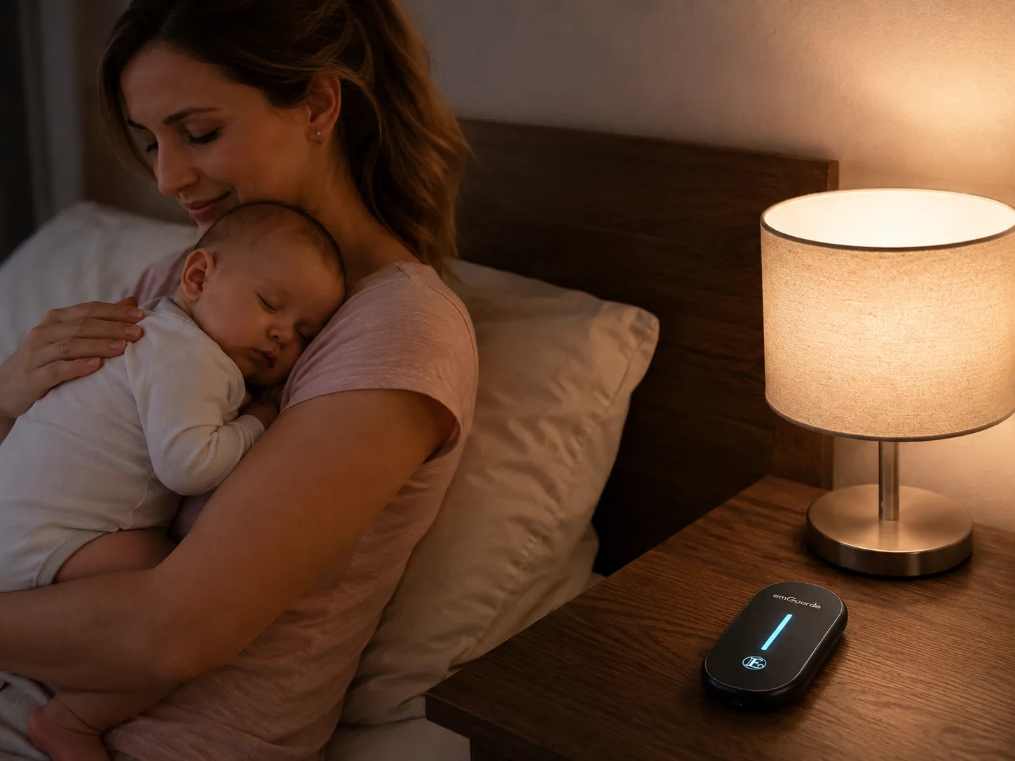 Eine Mutter, die ihr schlafendes Baby hält, neben einem emGuarde auf dem Nachttisch